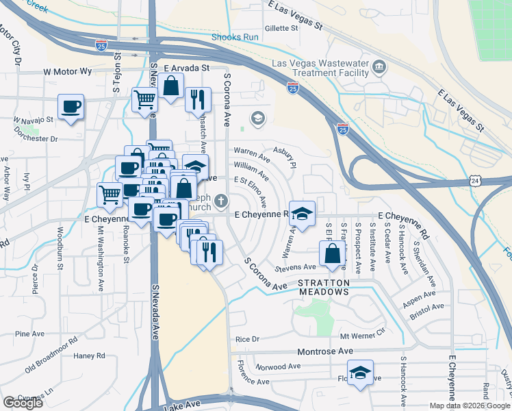 map of restaurants, bars, coffee shops, grocery stores, and more near 542 East Saint Elmo Avenue in Colorado Springs