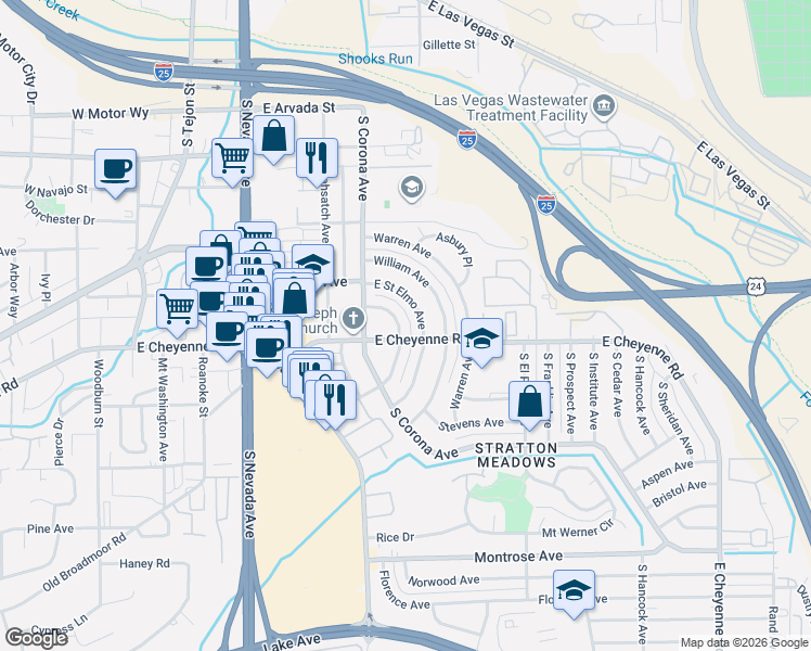 map of restaurants, bars, coffee shops, grocery stores, and more near 542 East Saint Elmo Avenue in Colorado Springs