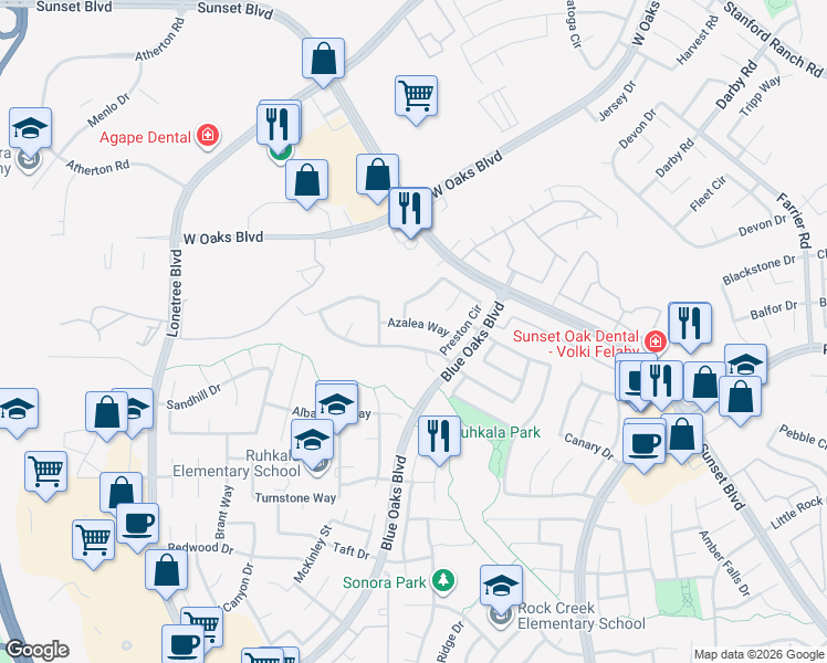 map of restaurants, bars, coffee shops, grocery stores, and more near 6158 Preston Circle in Rocklin