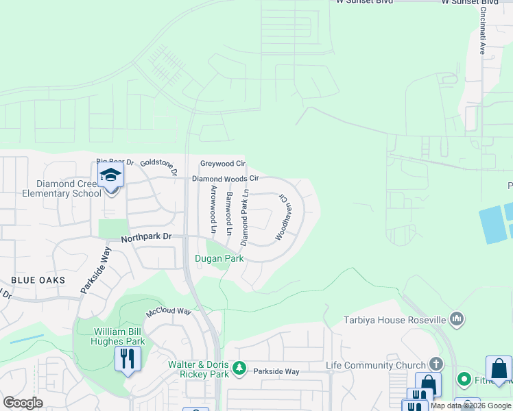 map of restaurants, bars, coffee shops, grocery stores, and more near 1740 Woodhaven Circle in Roseville