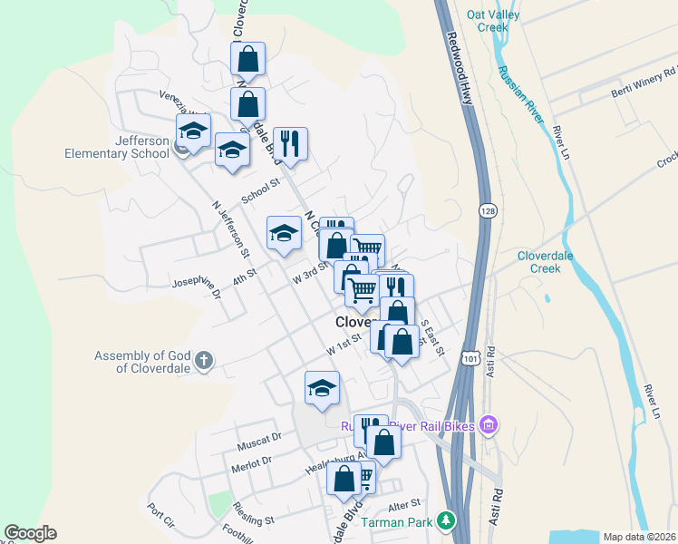 map of restaurants, bars, coffee shops, grocery stores, and more near 111 East 3rd Street in Cloverdale