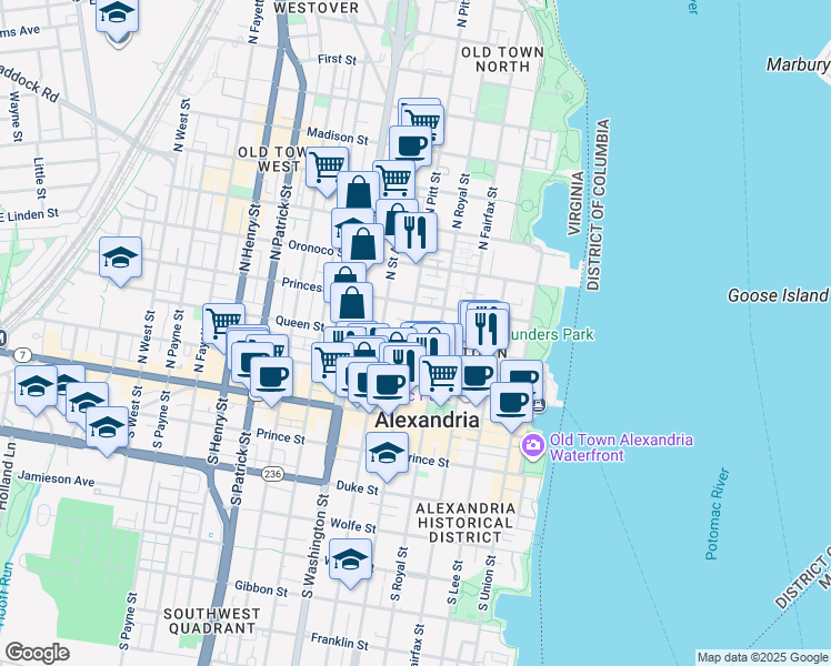 map of restaurants, bars, coffee shops, grocery stores, and more near 305 North Pitt Street in Alexandria
