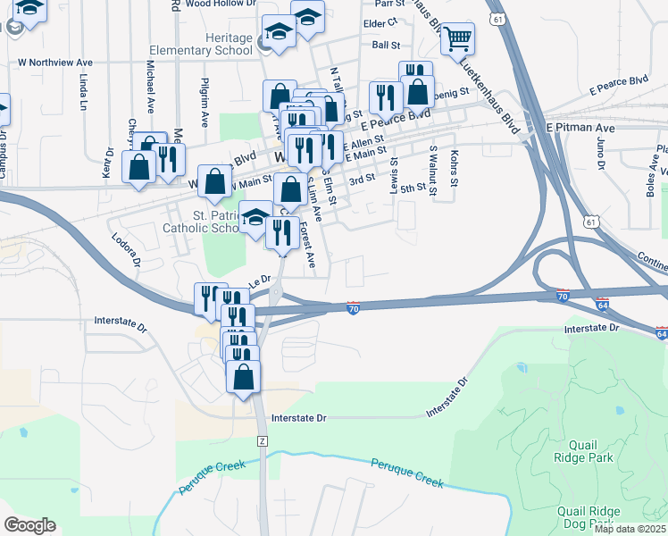 map of restaurants, bars, coffee shops, grocery stores, and more near 603 South Linn Avenue in Wentzville