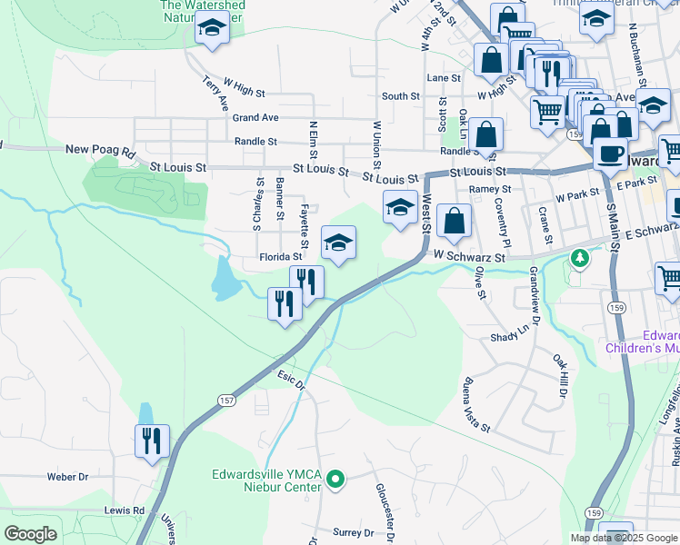 map of restaurants, bars, coffee shops, grocery stores, and more near 59 Illinois 157 in Edwardsville