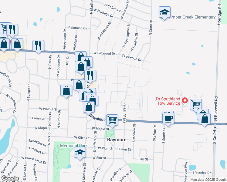 map of restaurants, bars, coffee shops, grocery stores, and more near 250 North Pointe Lane in Raymore