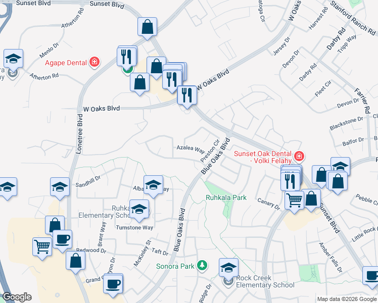 map of restaurants, bars, coffee shops, grocery stores, and more near 6158 Preston Circle in Rocklin
