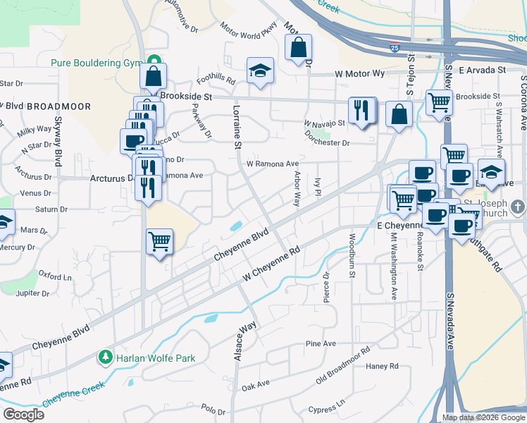 map of restaurants, bars, coffee shops, grocery stores, and more near 1631 Lorraine Street in Colorado Springs