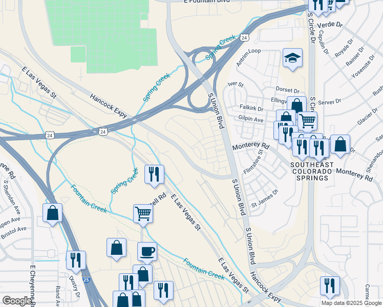 map of restaurants, bars, coffee shops, grocery stores, and more near 1576 Grand Overlook Street in Colorado Springs