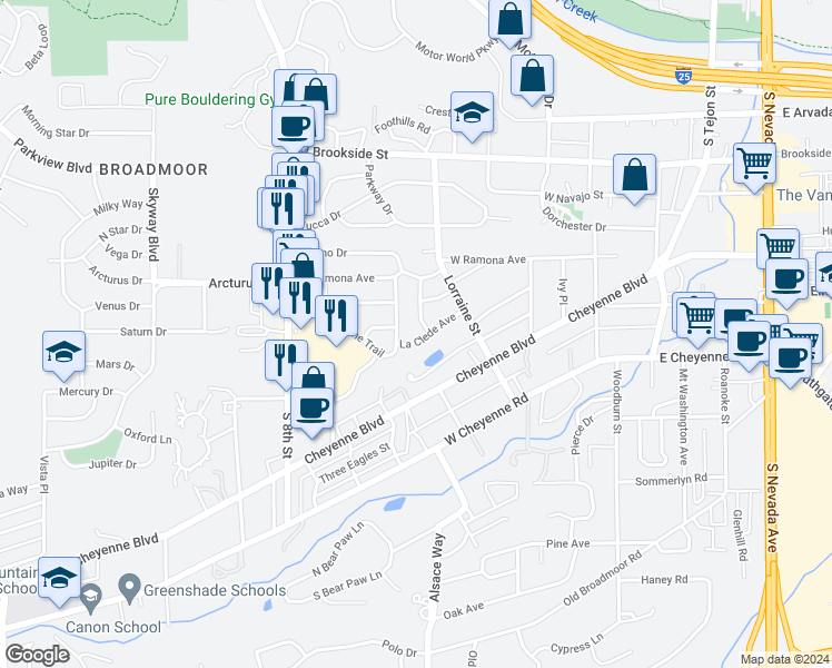 map of restaurants, bars, coffee shops, grocery stores, and more near 408 La Clede Avenue in Colorado Springs