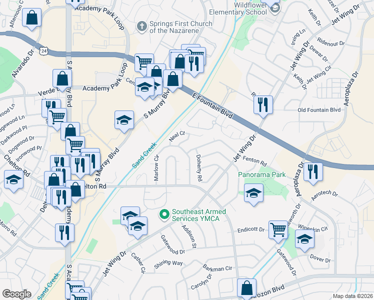 map of restaurants, bars, coffee shops, grocery stores, and more near 4296 Marlow Circle in Colorado Springs