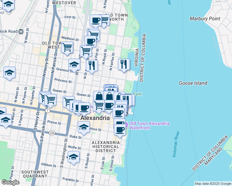 map of restaurants, bars, coffee shops, grocery stores, and more near 125 Quay Street in Alexandria