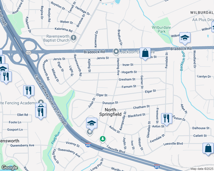map of restaurants, bars, coffee shops, grocery stores, and more near 7508 Ferber Place in Springfield