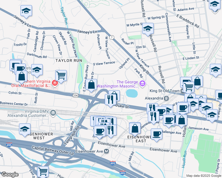 map of restaurants, bars, coffee shops, grocery stores, and more near 102 Roberts Lane in Alexandria