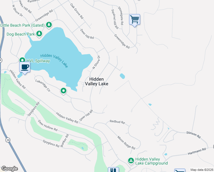 map of restaurants, bars, coffee shops, grocery stores, and more near 17384 Meadow View Drive in Hidden Valley Lake