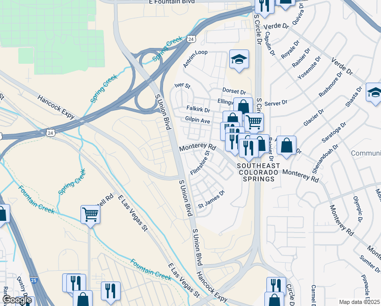 map of restaurants, bars, coffee shops, grocery stores, and more near 1521 Monterey Road in Colorado Springs