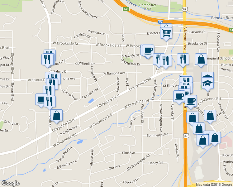 map of restaurants, bars, coffee shops, grocery stores, and more near 1720 Arbor Way in Colorado Springs