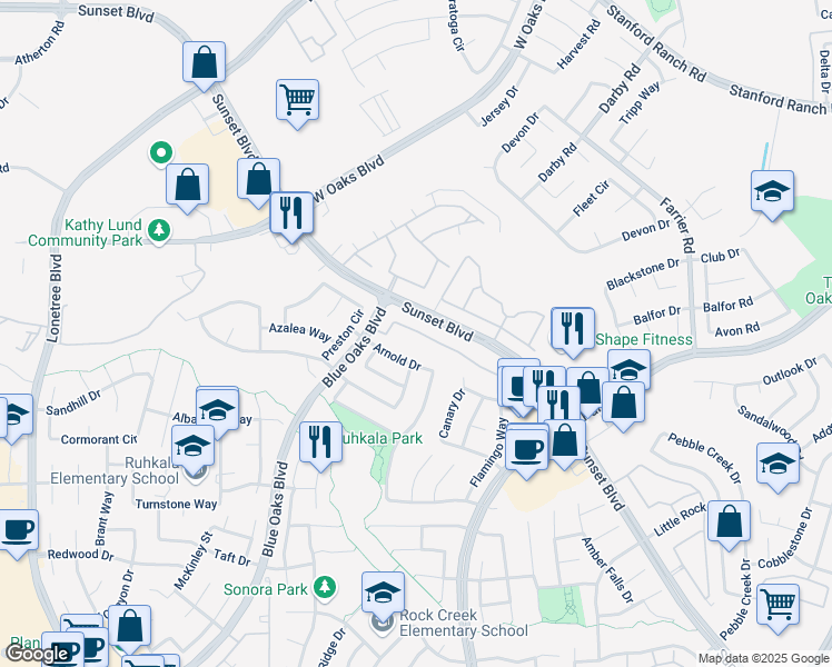 map of restaurants, bars, coffee shops, grocery stores, and more near 1108 Sammy Way in Rocklin