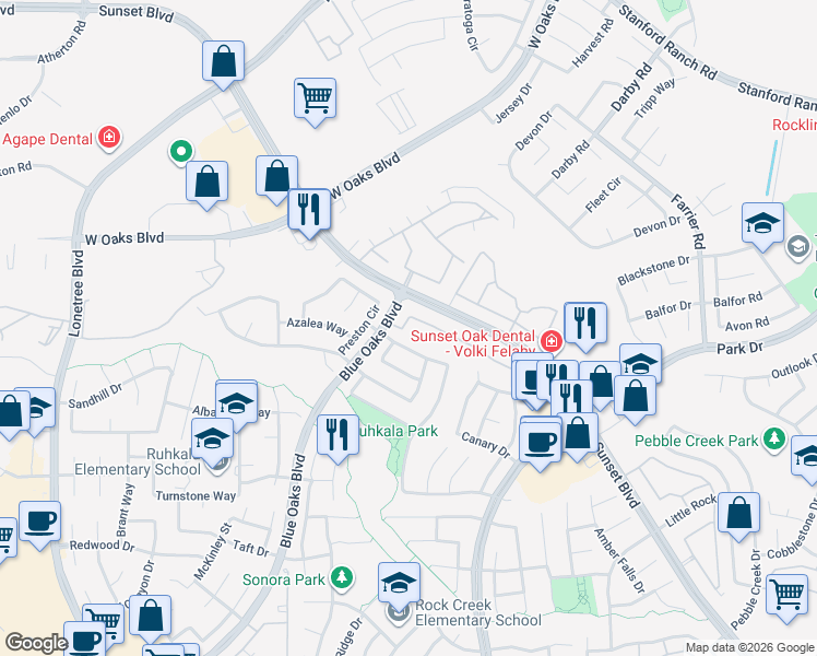 map of restaurants, bars, coffee shops, grocery stores, and more near 201 Sammy Way in Rocklin