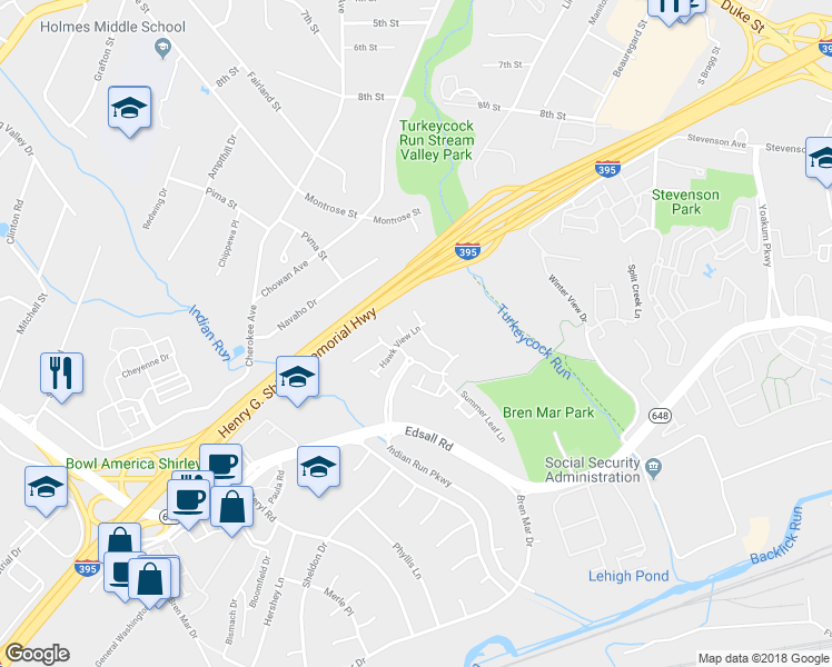 map of restaurants, bars, coffee shops, grocery stores, and more near 6346C Hawk View Court in Alexandria