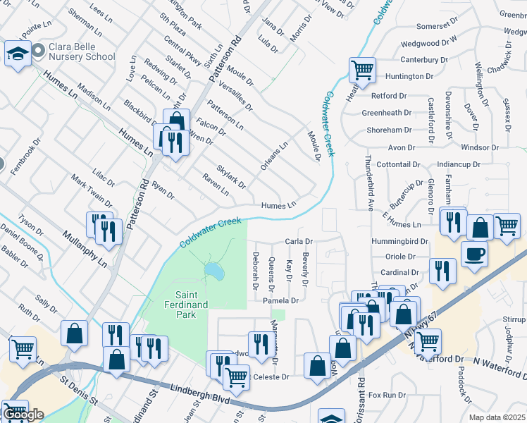 map of restaurants, bars, coffee shops, grocery stores, and more near 330 Skylark Drive in Florissant