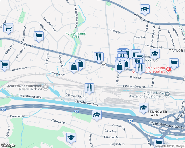 map of restaurants, bars, coffee shops, grocery stores, and more near 3534 Wheeler Avenue in Alexandria