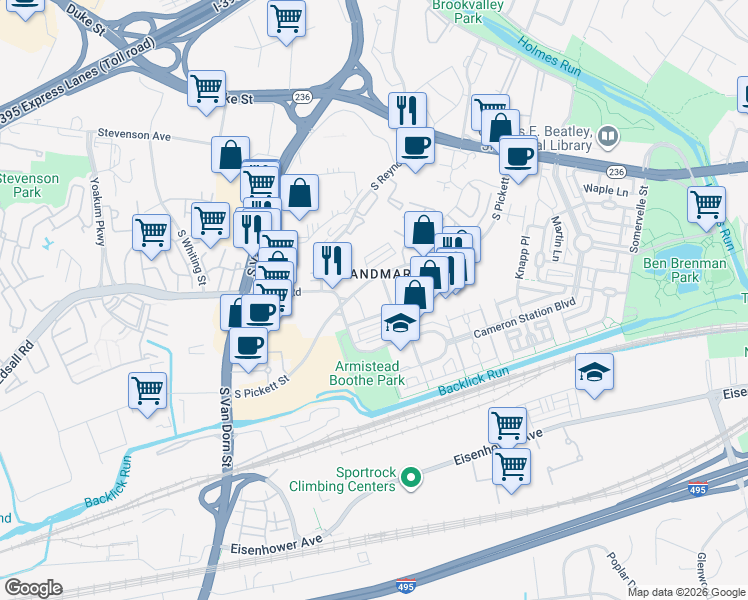 map of restaurants, bars, coffee shops, grocery stores, and more near 5555 Cardinal Place in Alexandria