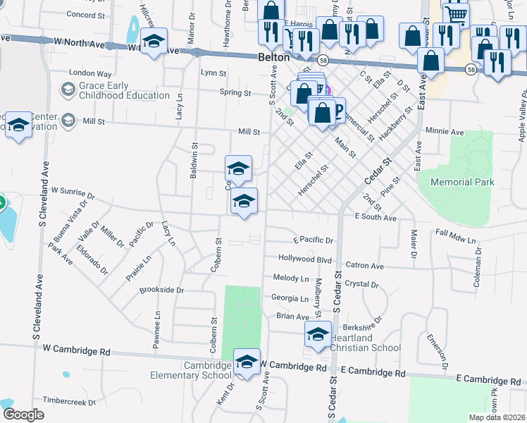 map of restaurants, bars, coffee shops, grocery stores, and more near 410 Robie Drive in Belton