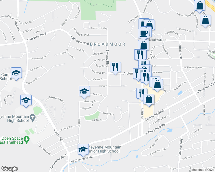 map of restaurants, bars, coffee shops, grocery stores, and more near Skyway Blvd & Saturn Dr in Colorado Springs