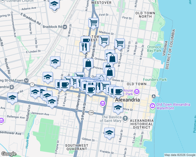 map of restaurants, bars, coffee shops, grocery stores, and more near 816 Queen Street in Alexandria