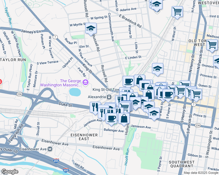 map of restaurants, bars, coffee shops, grocery stores, and more near 5 Russell Road in Alexandria