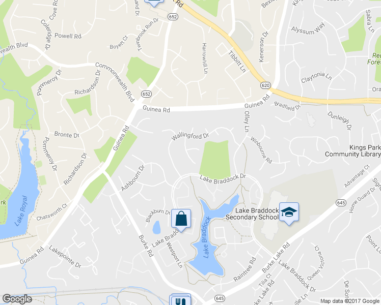 map of restaurants, bars, coffee shops, grocery stores, and more near 9501 Tregaron Place in Burke