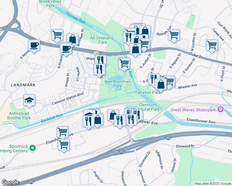 map of restaurants, bars, coffee shops, grocery stores, and more near Deer Run Court in Alexandria