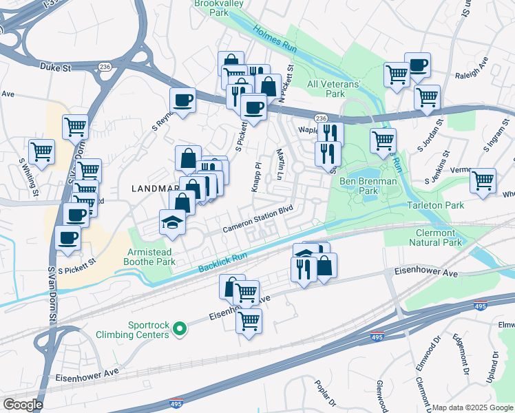 map of restaurants, bars, coffee shops, grocery stores, and more near 5100 English Terrace in Alexandria