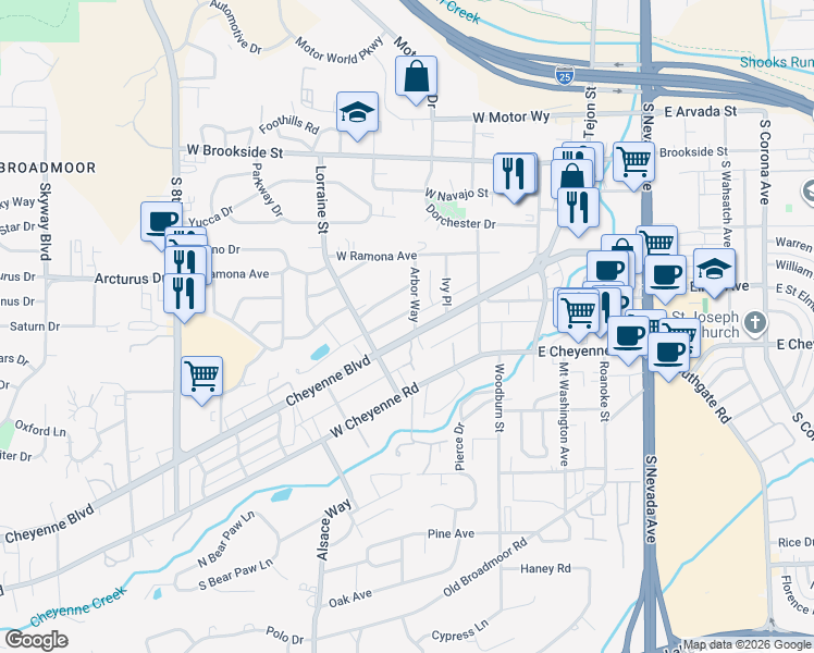 map of restaurants, bars, coffee shops, grocery stores, and more near 1720 Arbor Way in Colorado Springs