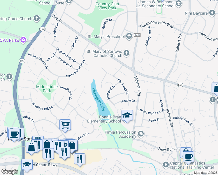 map of restaurants, bars, coffee shops, grocery stores, and more near 5402 Southport Lane in Fairfax