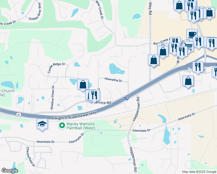 map of restaurants, bars, coffee shops, grocery stores, and more near 124 Ivybrook Drive in Wentzville