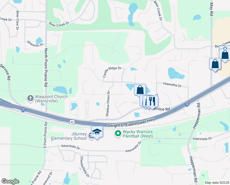 map of restaurants, bars, coffee shops, grocery stores, and more near 411 Shadow Pines Drive in Wentzville