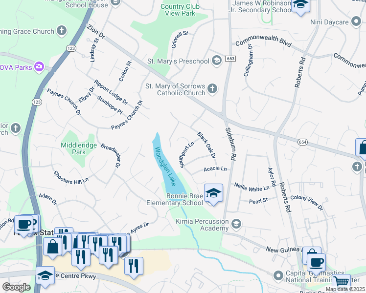 map of restaurants, bars, coffee shops, grocery stores, and more near 5402 Southport Lane in Fairfax