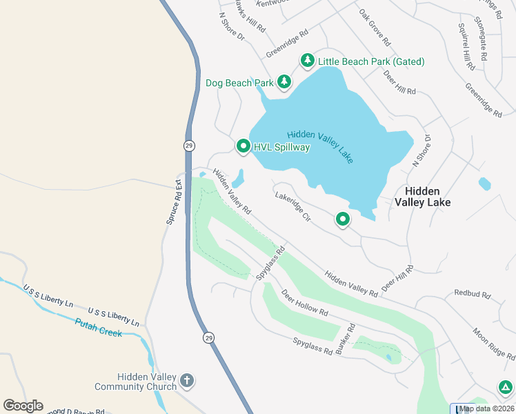 map of restaurants, bars, coffee shops, grocery stores, and more near 18379 Lakeridge Circle in Hidden Valley Lake