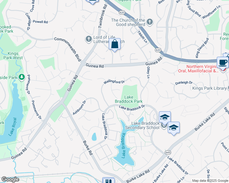 map of restaurants, bars, coffee shops, grocery stores, and more near 9501 Tregaron Place in Burke