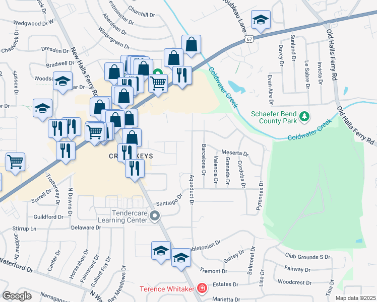 map of restaurants, bars, coffee shops, grocery stores, and more near 2115 Aqueduct Drive in Florissant