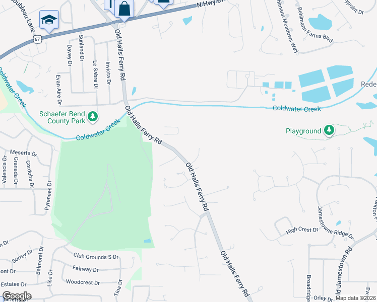 map of restaurants, bars, coffee shops, grocery stores, and more near 13666 Old Halls Ferry Road in Florissant