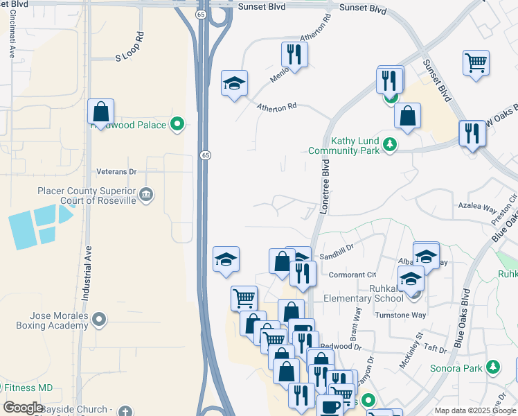map of restaurants, bars, coffee shops, grocery stores, and more near 6222 Lonetree Boulevard in Rocklin
