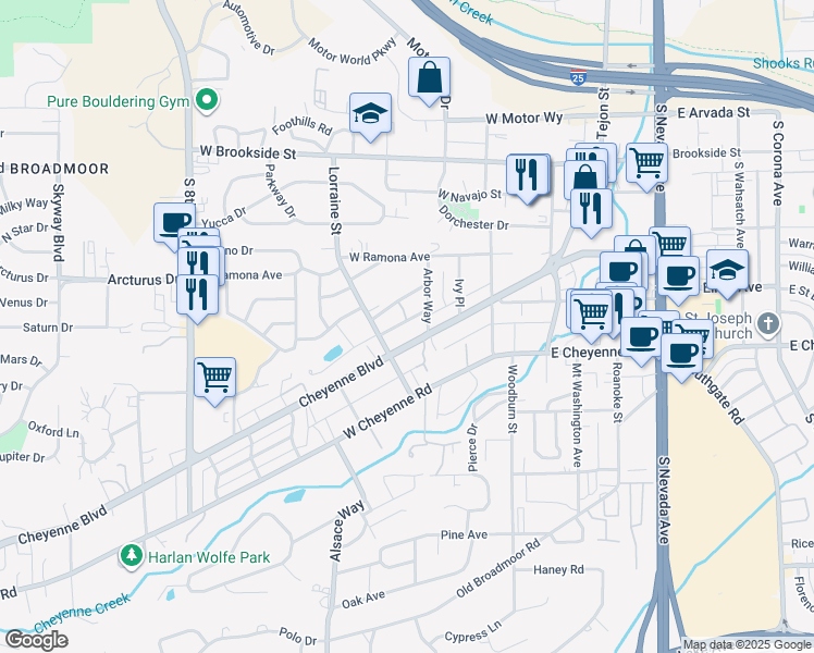map of restaurants, bars, coffee shops, grocery stores, and more near 1720 Arbor Way in Colorado Springs