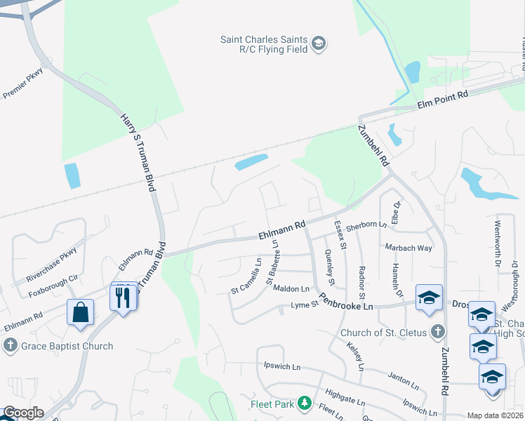map of restaurants, bars, coffee shops, grocery stores, and more near 2951 Oakmoor Drive in Saint Charles