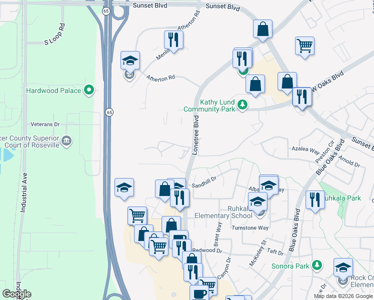 map of restaurants, bars, coffee shops, grocery stores, and more near 6159 Lonetree Boulevard in Rocklin