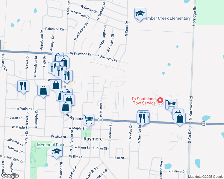 map of restaurants, bars, coffee shops, grocery stores, and more near 239 Jenny Lane in Raymore