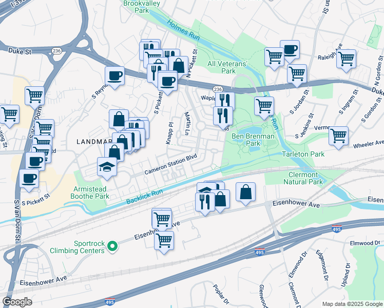 map of restaurants, bars, coffee shops, grocery stores, and more near 261 Cameron Station Boulevard in Alexandria