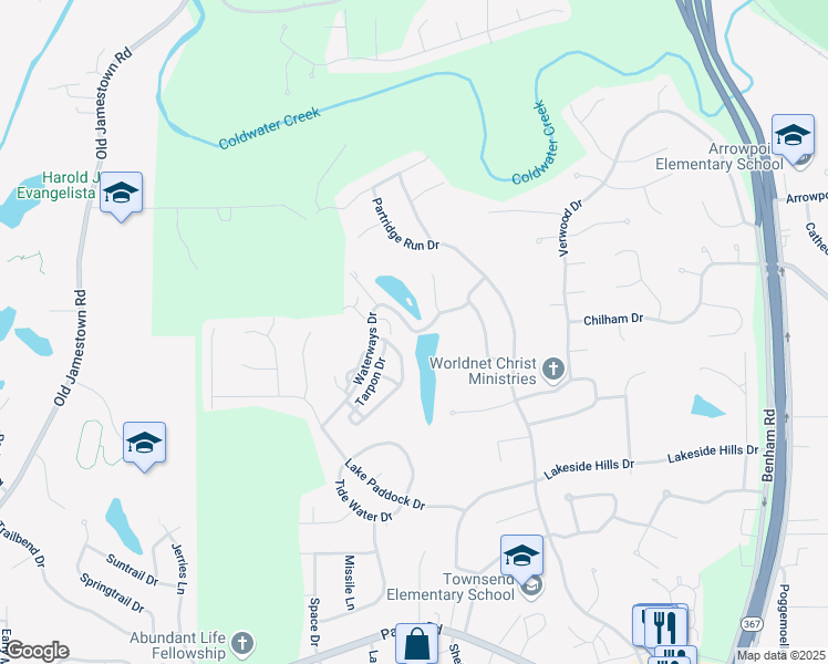 map of restaurants, bars, coffee shops, grocery stores, and more near 6620 Waterways Drive in Florissant
