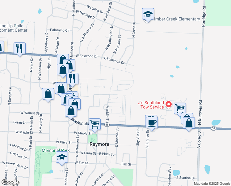 map of restaurants, bars, coffee shops, grocery stores, and more near 239 Jenny Lane in Raymore